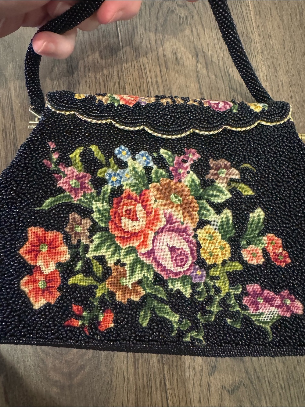 Vintage Black Beaded Floral Evening Handbag with Gold - Picture 2 of 8